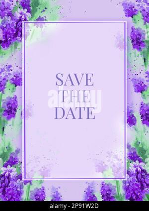 Fond violet et lilas pour carte de voeux avec fleurs de printemps aquarelle, croquis dessiné à la main, illustration romantique Banque D'Images