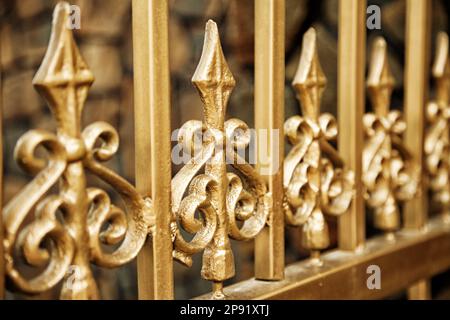 Nouveau wrought fence or close-up arrière-plan. Orné de faux motif magnifique golden de barres de sécurité Banque D'Images