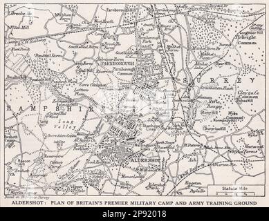 Carte d'époque d'Aldershot montrant le camp militaire et le terrain d'entraînement de l'armée. Banque D'Images