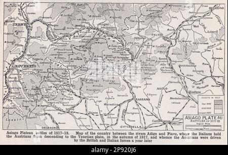 Carte vintage des batailles du plateau Asiago de 1917 - 1918. Banque D'Images