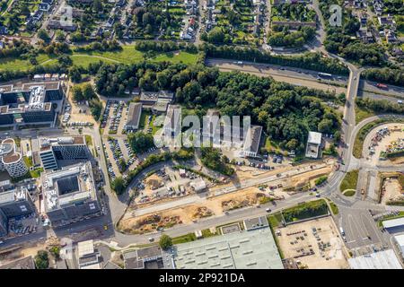 Vue aérienne, route de l'aéroport de la police fédérale et chantier de construction dans le district d'Unterrath à Düsseldorf, Rhénanie-du-Nord-Westphalie, Allemagne Banque D'Images