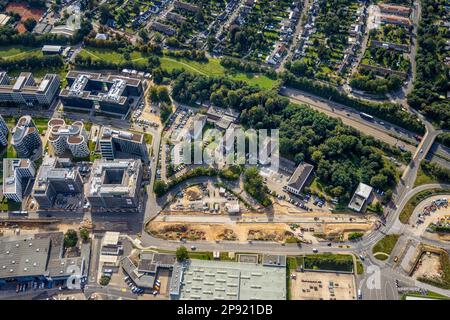 Vue aérienne, route de l'aéroport de la police fédérale et chantier de construction dans le district d'Unterrath à Düsseldorf, Rhénanie-du-Nord-Westphalie, Allemagne Banque D'Images