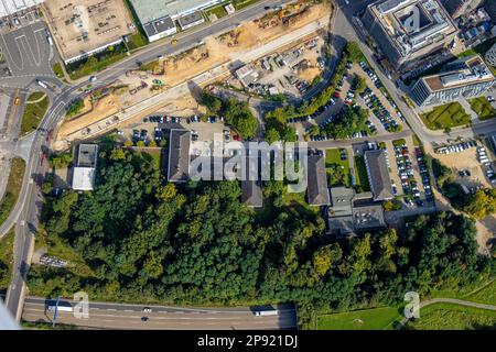 Vue aérienne, route de l'aéroport de la police fédérale et chantier de construction dans le district d'Unterrath à Düsseldorf, Rhénanie-du-Nord-Westphalie, Allemagne Banque D'Images