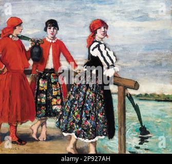 Csók István - Lányok pirosban - Magyar Iskola - XIX - Csók István - filles en rouge - Ecole hongroise - 19th siècle Banque D'Images