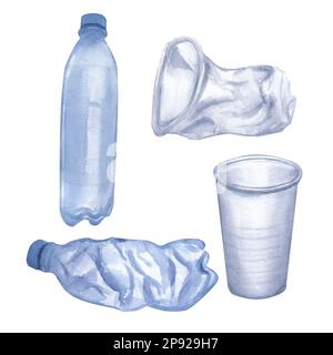 Déchets de plastique. Flacons et tasses bleus transparents jetables. Illustration aquarelle dessinée à la main isolée sur fond blanc. Pour la pose écologique de conception Banque D'Images