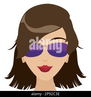 Portrait d'une jolie femme brune aux lèvres rouges et aux lunettes de soleil. Conception plate sur fond blanc. Illustration de Vecteur