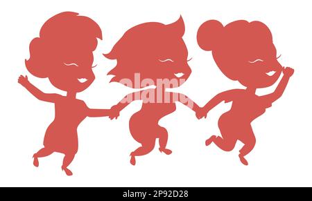 Silhouette rouge de trois femmes heureuses qui se tiennent les mains et célèbrent leur amitié. Illustration de Vecteur
