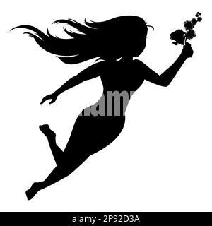 Silhouette de femme aux cheveux longs tenant des fleurs de rose et de mimosa tout en flottant sur fond blanc. Illustration de Vecteur