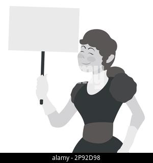 Portrait d'une fière femme manifestant tout en tenant une bannière. Modèle en couleurs plates et style noir et blanc. Illustration de Vecteur