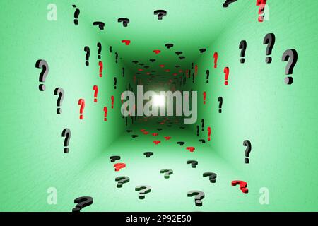 Points d'interrogation symboles icône tunnel fond vert 3D rendu. Cyber numérique questions, symbole, poser, poser, essentiels, réflexion sur la confusion Banque D'Images
