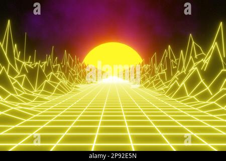 Fond jaune rétro futuriste technologie rendu 3D, 80s arrière-plan rétro, 90s science-fiction futuriste. Synthwave rétro, espace extérieur, ciel étoilé, soleil et Banque D'Images