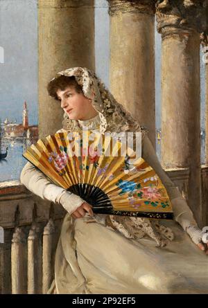 Skutezky Döme - Velencei nő sárga legyezővel - Magyar Iskola - XIX - Skutezky Döme - Femme vénitienne avec Fan jaune - Ecole hongroise - 19th siècle Banque D'Images