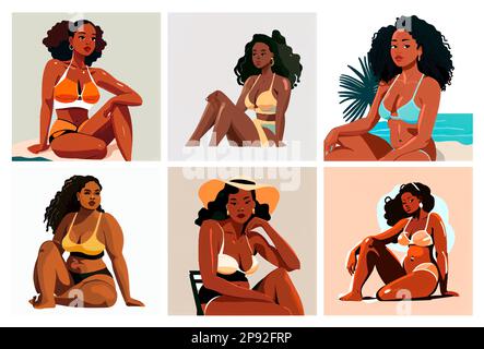 définir l'illustration vectorielle de la femme heureuse prenant un bain de soleil dans le bikini Illustration de Vecteur