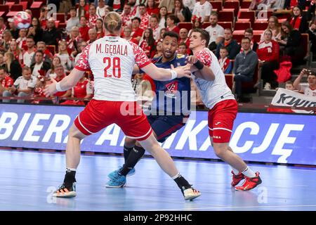 Maciej Gebala, Timothey n'Guessan, Andrzej Widomski en action pendant la phase 2nd du match de qualification EHF 2024 entre la Pologne et la France à l'Ergo Arena. (Note finale; Pologne 28:38 France). (Photo de Tomasz Zasinski / SOPA Images/Sipa USA) Banque D'Images