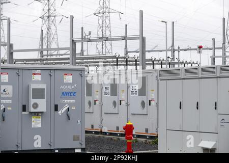 Un parc de batteries est ouvert à Ruien, Kluisbergen vendredi 10 mars 2023. Le parc est le plus grand d'Europe avec une capacité de 25 MW/100 MWh. BELGA PHOTO NICOLAS MATERLINCK Banque D'Images