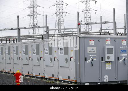 Un parc de batteries est ouvert à Ruien, Kluisbergen vendredi 10 mars 2023. Le parc est le plus grand d'Europe avec une capacité de 25 MW/100 MWh. BELGA PHOTO NICOLAS MATERLINCK Banque D'Images