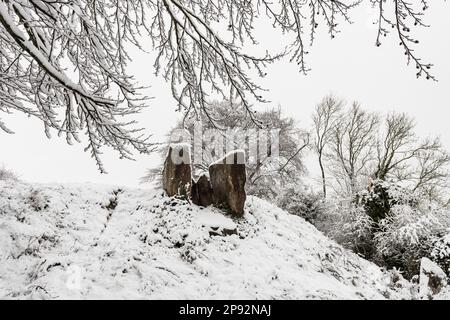 En regardant la chambre de sépulture, vers l'est, faisant face à l'entrée, des pierres sarsen à la longue Barrow de Coldrum maintenant bloquée recouverte de neige fraîche Banque D'Images