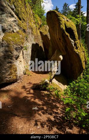 Le groupe de roches de grès de Rhät Diebskeller près d'Altenstein, parc naturel de Hassberge, Basse-Franconie, Bavière, Allemagne Banque D'Images