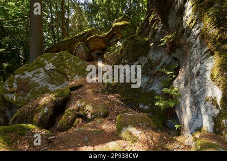 Le groupe de roches de grès de Rhät Diebskeller près d'Altenstein, parc naturel de Hassberge, Basse-Franconie, Bavière, Allemagne Banque D'Images