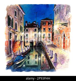 Croquis aquarelle d'un canal vénitien typique avec des maisons lumineuses à Venise, Italie. Banque D'Images