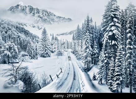 suv / voiture multisegment conduite sur une route à travers une forêt enneigée, paysage idyllique [M] Banque D'Images