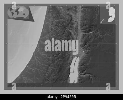 Cisjordanie, région de Palestine. Carte d'altitude en niveaux de gris avec lacs et rivières. Cartes d'emplacement auxiliaire d'angle Banque D'Images