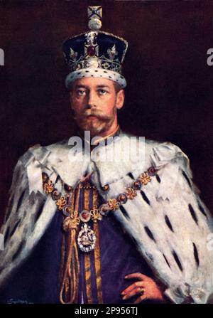 1910 , Londres , GRANDE-BRETAGNE : le Roi GEORGE V du Royaume-Uni ( 1865 - 1936 ) . Dans cette photo portraied par le peintre britannique I. BONHOMME DE NEIGE . Fut le premier monarque britannique appartenant à la Maison de Windsor, qu'il créa à partir de la branche britannique de la Maison allemande de Saxe-Coburg-Gotha . Fils du roi ÉDOUARD VII d'Angleterre ( 1841 - 1910 , Prince de Galles ) et de la reine ALEXANDRA ( née princesse du DANEMARK ) . Marié avec Marie de Teck ( 1867 - 1953 ) et père de deux rois de Grande-Bretagne : Edward VIII et George VI - Maison de WINDSOR . - Maison de Saxe-Coburg-Gotha - ANGLETERRE - GRAND Banque D'Images