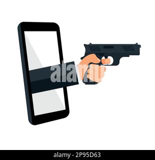 Une seule main tenant le pistolet de sous-machine Thompson par téléphone mobile. Concept de jeux vidéo mafia, e-sport, application de divertissement pour smartphones. ve Illustration de Vecteur