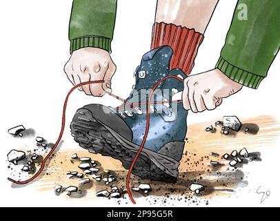 Une personne enfile ses chaussures de marche. Dessin/illustration en couleur Banque D'Images