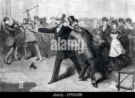 James Abram GARFIELD ( 1831 – 1881 ) était le président des États-Unis ( 1881 ) en 20th et le deuxième américain Le président à être assassiné ( Abraham Lincoln était le premier ). Garfield a eu la deuxième plus courte présidence de l'histoire des États-Unis, après celle de William Henry Harrison. En fonction de mars à septembre 1881, le Président Garfield a été en fonction pour un total de six mois et quinze jours.- Presidente della Repubblica . Une gravure de l'assassinat de James A. Garfield, publiée dans le journal illustré de Frank Leslie. La légende est « Washington, D.C. – L'attaque contre la vie du président – Banque D'Images