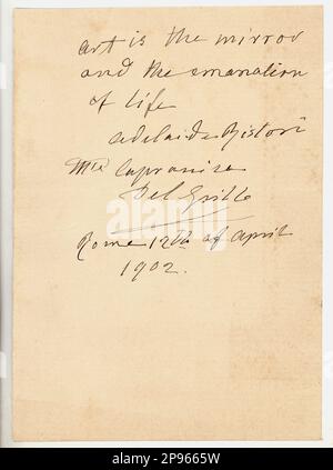 1902 , 12 avril , Rome , ITALIE : Lettre de la plus célèbre actrice italienne DU XIX siècle ADELAIDE RISTORI marchesa Capranica Del Grillo ( Cividale del Friuli , 1822 - Turin , 1906 ) , joueur de Schiller , Goldoni et Alfieri en Europe et aux Etats-Unis Dans cet autographe Ristori écrit : ' L'art est le miroir et l'émanation de la vie '.- la noblesse italienne - Nobiltà italiana - Marchioness - Royalty - THÉÂTRE - THÉÂTRE - TEATRO - ATTRICE - ATTORE - OTTOCENTO - COSTUME - EURIPIDE - Risorgimento - poème - poesia - autografo - autographe - signature - firma - Lettera - lettre --- Archivio GBB Banque D'Images