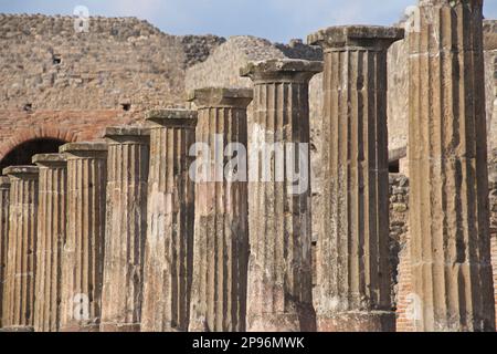 Terrain de formation Gladiator / casernes avec une rangée de colonnes. Pompéi, près de Naples, Italie Pompéi a été enterrée sous des mètres de cendres et de pierre ponce après l'éruption catastrophique du Vésuve en 79 A.D. Le site préservé présente des ruines excavées de rues et de maisons que les visiteurs peuvent librement explorer. Banque D'Images