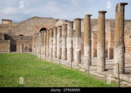 Terrain de formation Gladiator / casernes avec une rangée de colonnes. Pompéi, près de Naples, Italie Pompéi a été enterrée sous des mètres de cendres et de pierre ponce après l'éruption catastrophique du Vésuve en 79 A.D. Le site préservé présente des ruines excavées de rues et de maisons que les visiteurs peuvent librement explorer. Banque D'Images