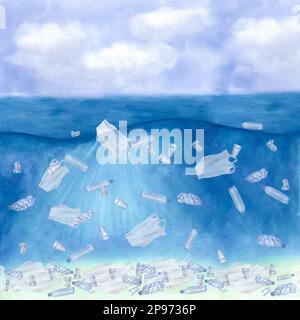 Les déchets de plastique flottent dans l'océan. Pollution marine de l'environnement. Problème écologique. Illustration aquarelle dessinée à la main. Pour les affiches de conception écologique, Banque D'Images