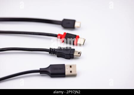 USB Type A et Type C, ainsi que micro USB et mini connecteur USB rognés sur fond blanc avec mise au point sélective Banque D'Images