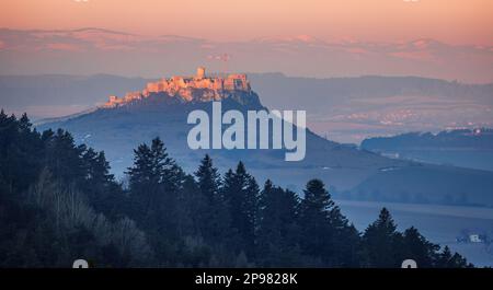 Les ruines du château de Spis dans l'est de la Slovaquie au lever du soleil. Banque D'Images