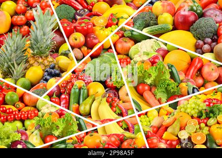 Beau motif fruits, légumes et baies multicolores sains séparés par des lignes blanches. Banque D'Images