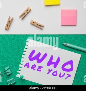 Affiche qui êtes-vous. Aperçu de l'entreprise Identifiez-vous des caractéristiques personnelles de la description Banque D'Images