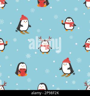 Joli motif pingouins de dessin animé sans coutures. Joyeux Noël et joyeux nouvel an. Arrière-plan de vacances Vector. Illustration de Vecteur