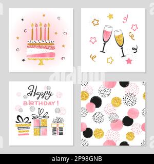Ensemble de cartes d'anniversaire. Illustrations vectorielles de fête avec gâteau d'anniversaire, verres à vin et cadeaux. Illustration de Vecteur