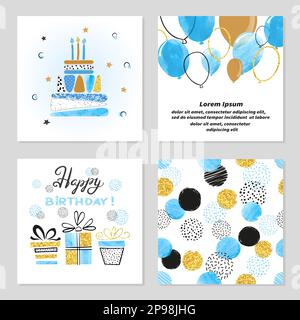 Ensemble de cartes d'anniversaire bleu et doré. Illustrations vectorielles de fête avec gâteau d'anniversaire, ballons et cadeaux. Illustration de Vecteur