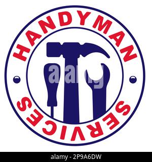 Handyman services conception vectorielle ronde pour votre logo ou emblème avec jeu d'outils de travail. Il y a une clé, un tournevis, un marteau. Illustration de Vecteur