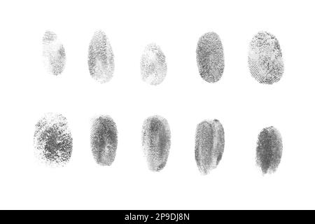 De nombreuses empreintes digitales noires réalisées avec de l'encre sur fond blanc, vue de dessus Banque D'Images