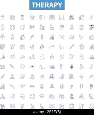Icônes de la ligne de thérapie, ensemble de signes. Thérapie, counseling, psychothérapie, psychodrame, art, Musique, cognitif, hypnothérapie, vecteur de contour de comportement Illustration de Vecteur