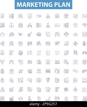 Mise en place des icônes et des affiches du plan de marketing. Campagne, Stratégie, objectifs, cible, analyse, Budget, tactique, Segmentation, vecteur de contour de positionnement Illustration de Vecteur