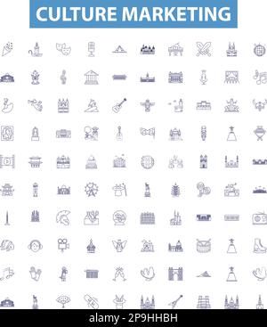 Mise en place des icônes et des affiches de la ligne de marketing de la culture. Culturel, Marketing, Publicité, stratégies, ciblage, Marquage, Promotions, publics, communication Illustration de Vecteur