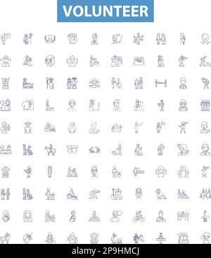 Mise en place des icônes et des affiches de la ligne de bénévolat. Donner, aider, servir, contribuer, participer, Aide, engagement, réparation, Sponsor présentent des illustrations vectorielles. Illustration de Vecteur