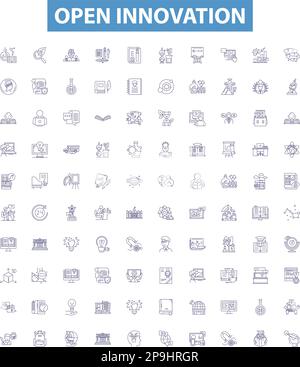 Affiche et icônes de la ligne d'innovation ouverte. Ouvert, innovation, collaboration, partage, co-création, Knowledge, plates-formes, Exchange, vecteur de contour créatif Illustration de Vecteur