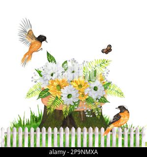 Aquarelle dessinée à la main avec une vieille souche, des oiseaux redstart et des fleurs de jardin. Une petite partie du grand ensemble BIRDS GARDEN Banque D'Images