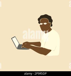 Portrait abstrait Africain homme utilisant ordinateur portable, Afro noir peau homme dans les lunettes travaillant sur ordinateur. Illustration vectorielle art contemporain à motif plat Illustration de Vecteur